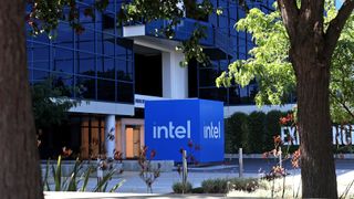 Intel logo and branding pictured on a cube shape outside the company headquarters in Santa Clara, California.