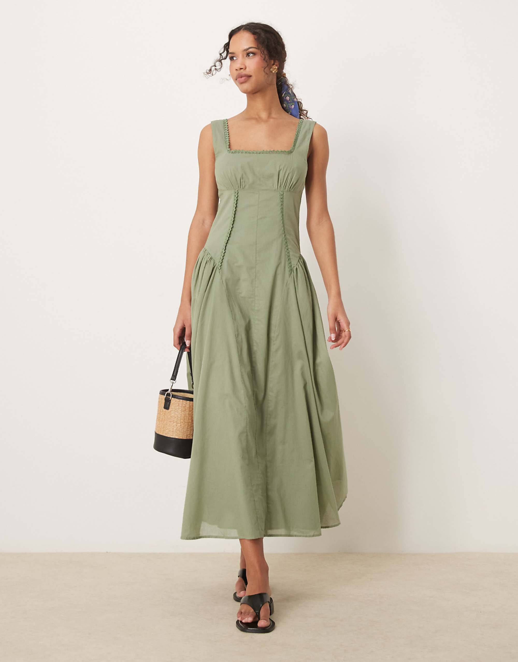Asos Design Prairie Square Neck Midaxi Dress With Dropped Waist in Khaki