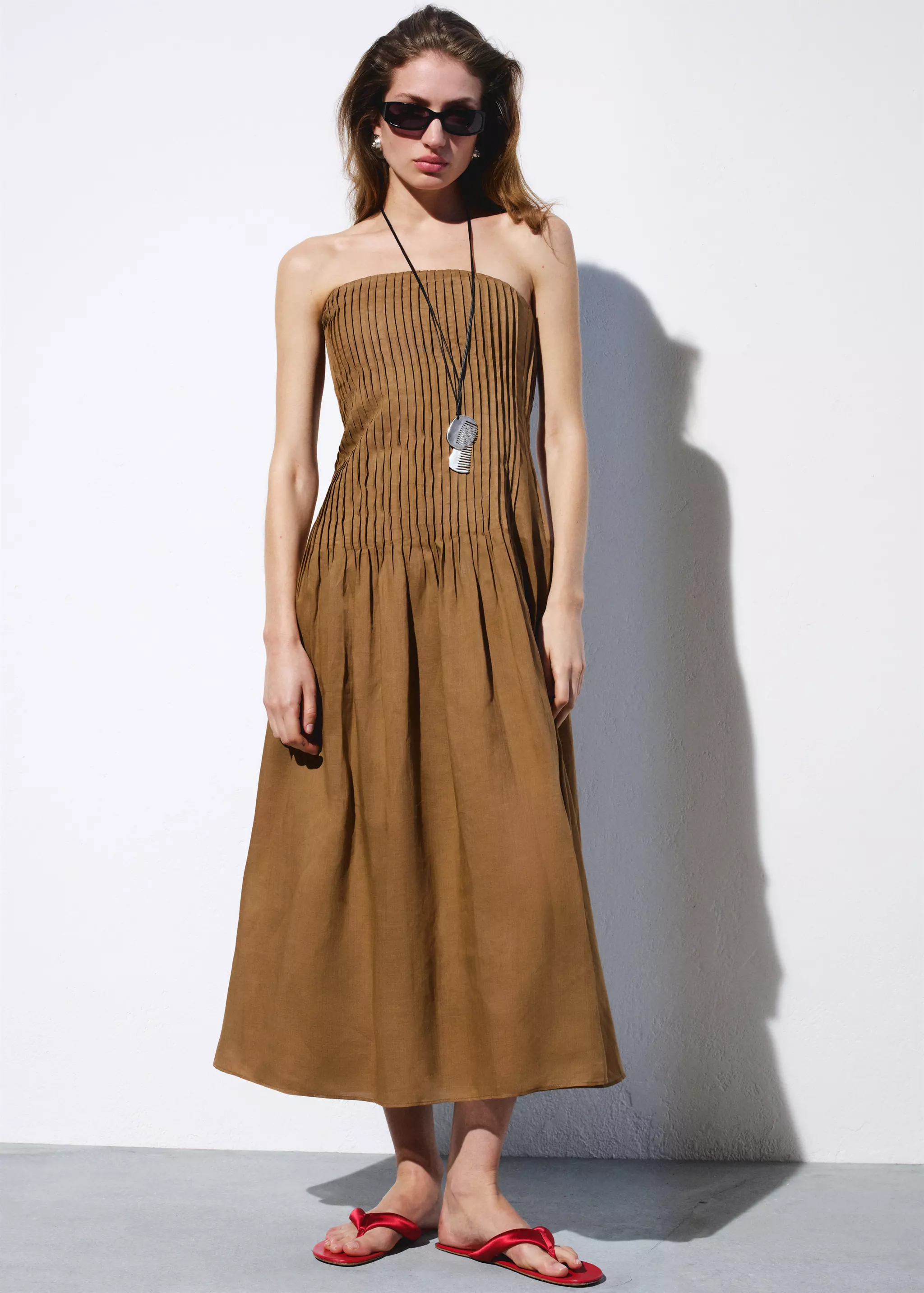 100% Ramie Dress With Pleated Body - Women | Mango United Kingdom