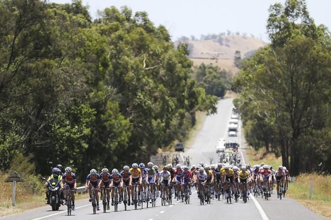 The peloton spreads out along the highway.