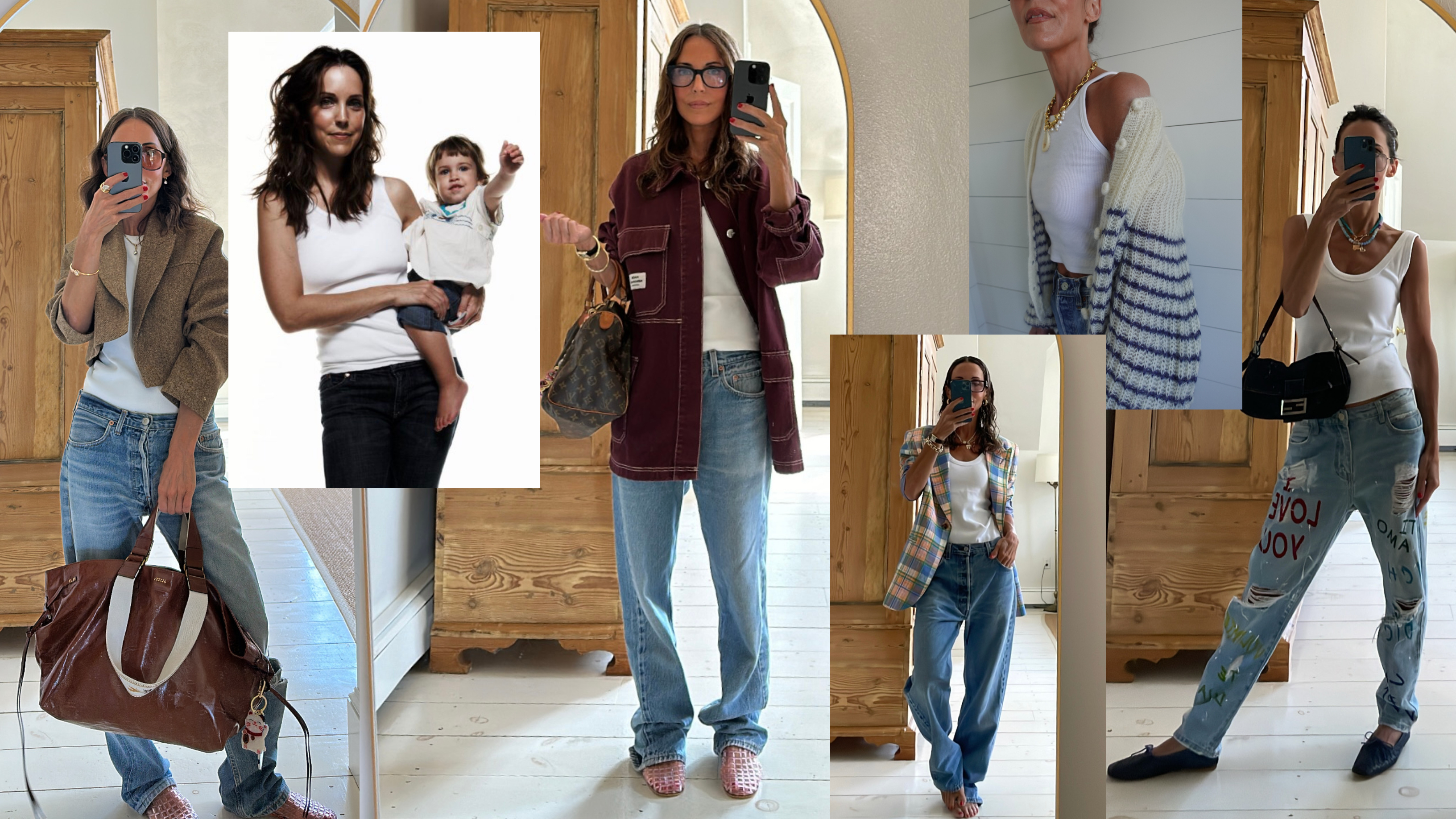 a collage of Larissa Mills wearing a white tank top and blue jeans