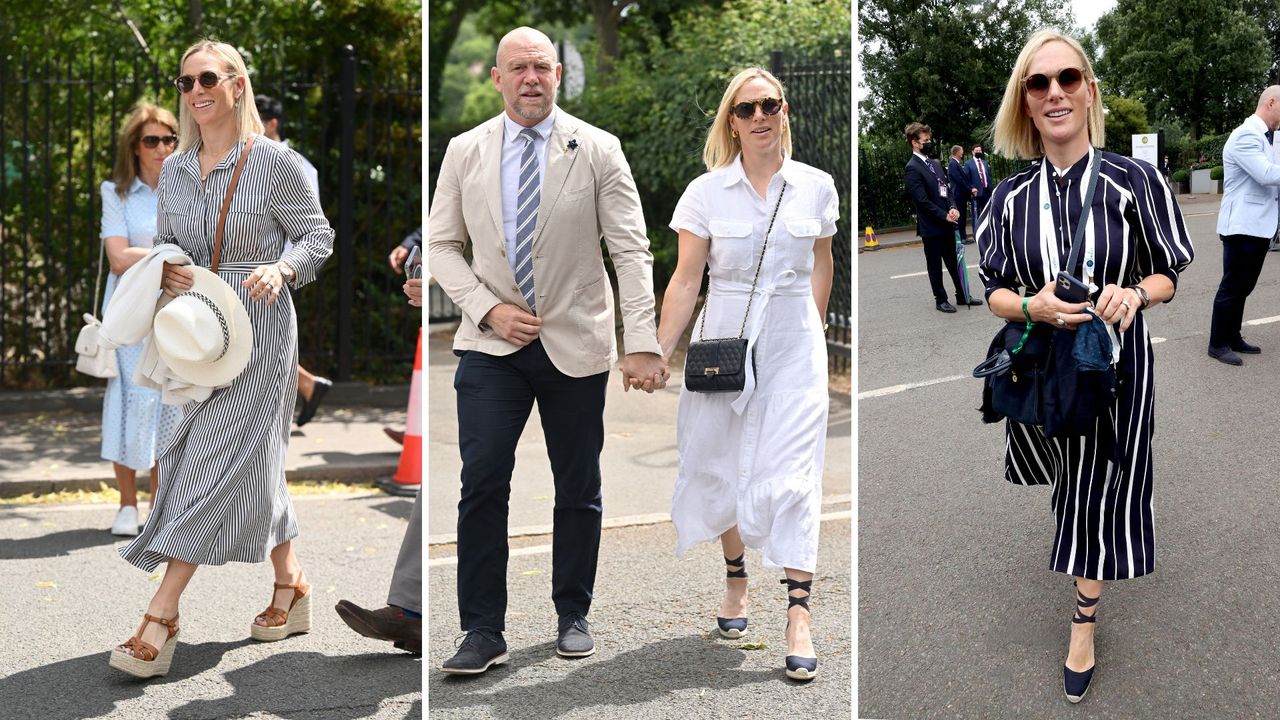 A composite of three pictures of Zara Tindall wearing different shirt dresses and wedge heels to Wimbledon in 2023, in 2022, and in 2021