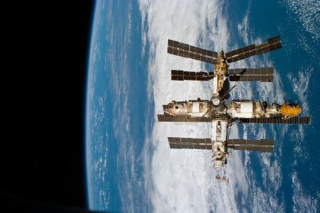 The Russian space station Mir as seen from NASA's space shuttle Endeavour during a Shuttle/Mir mission on Jan. 29, 1998.
