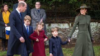 Prince William, Prince of Wales, Prince George, Princess Charlotte, Prince Louis and Catherine, Princess of Wales attend the Christmas Day service