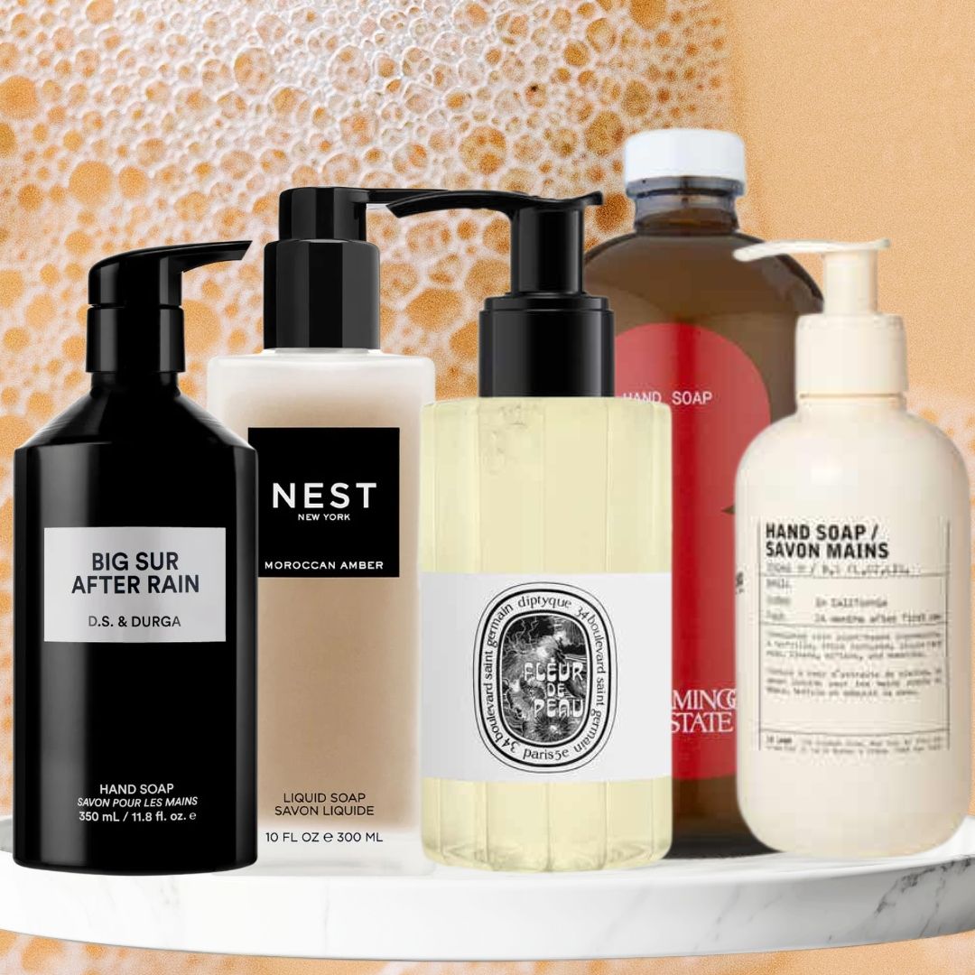 collage of luxury hand soaps next to someone washing their hands