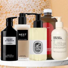 collage of luxury hand soaps next to someone washing their hands