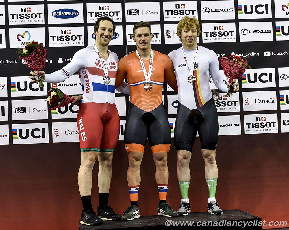 Men Keirin - Podium: Lewis Oliva, Harrie Lavreysen, Joachim Eilers (L-R)
