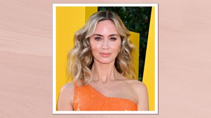 Emily Blunt is pictured with curls and wearing an orange dress at the premiere of "The Fall Guy" held at the TCL Chinese Theatre on April 30, 2024 in Los Angeles, California/ in a pink template