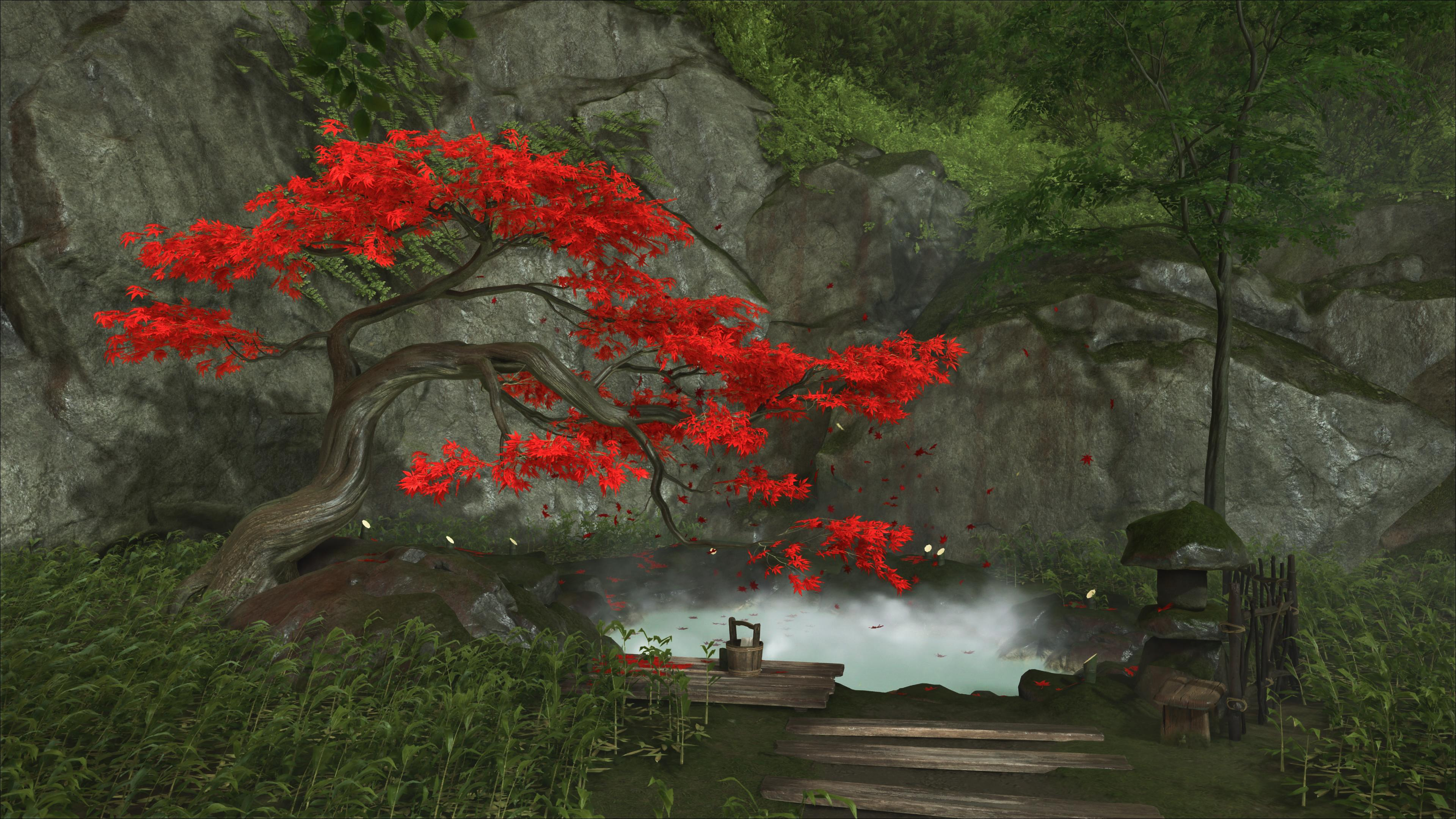 A screenshot of a hot spring in Ghost of Yotei
