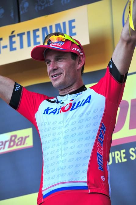 Alexander Kristoff (Katusha) celebrates his first career Tour de France stage win