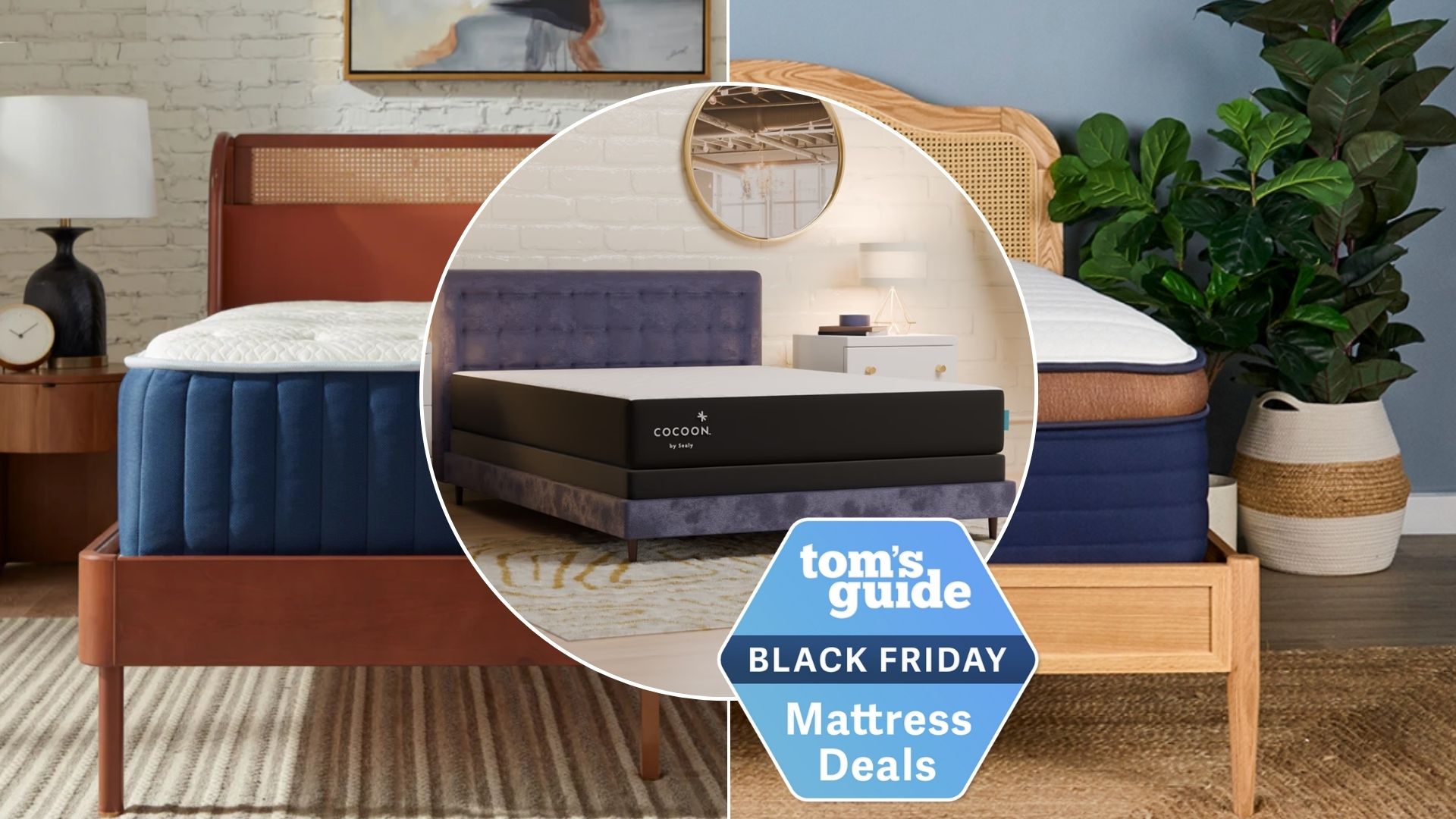 a collage of mattresses in bedroom settings including the Glacier Original Hybrid mattress, Brooklyn Bedding Copperflex Pro Hybrid and Cocoon by Sealy Chill mattress in the center with Tom&#039;s Guide Black Friday mattress deals logo 