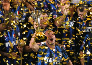 Inter players celebrate their FIFA Club World Cup win in December 2010.