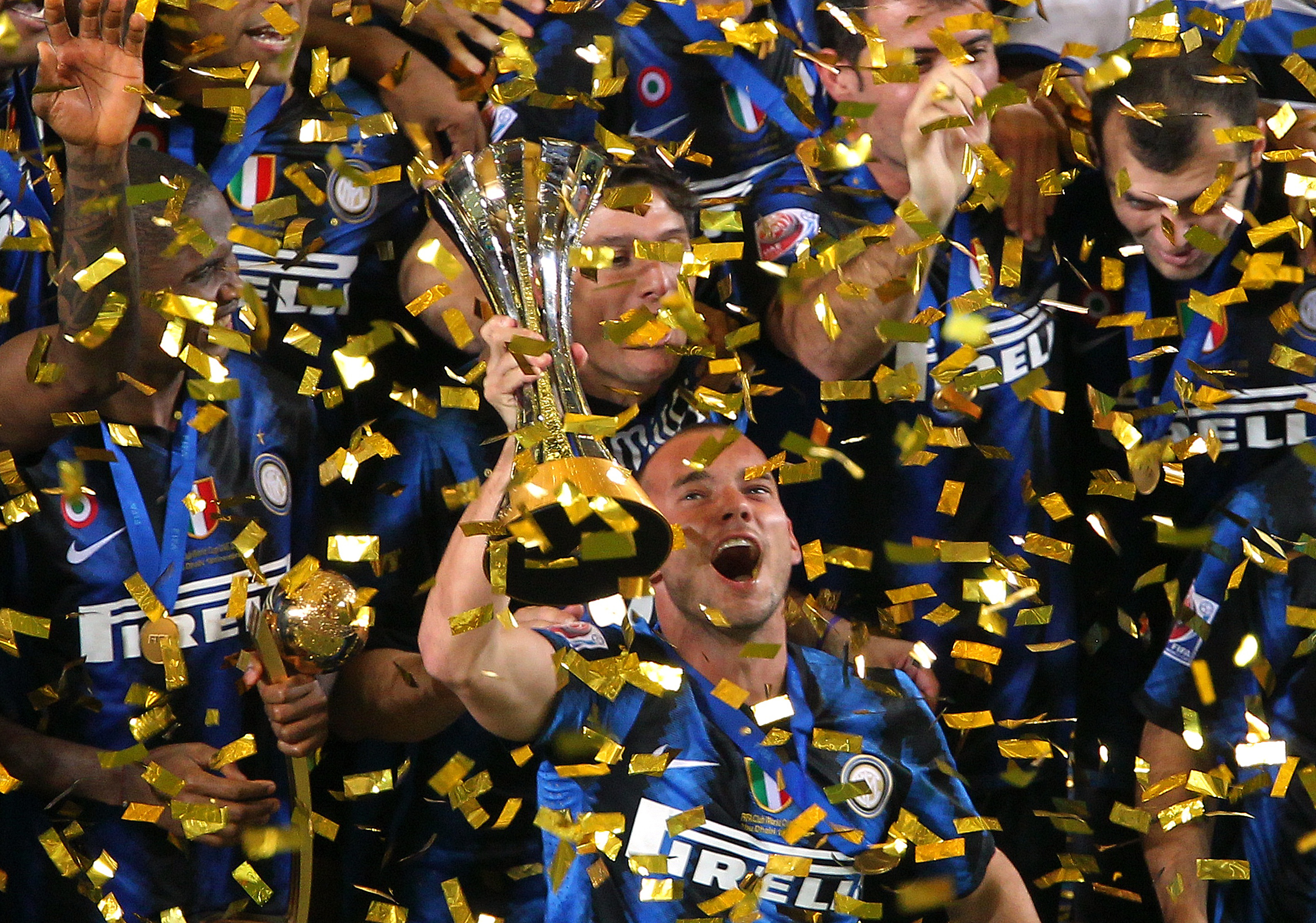 Inter players celebrate their FIFA Club World Cup win in December 2010.