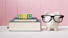 The numbers 529 on toy blocks on top of textbooks next to a piggy bank wearing glasses.