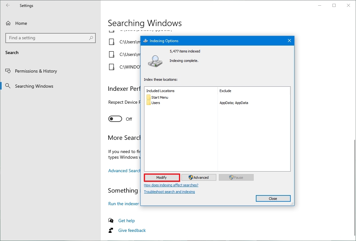 Modify indexing options