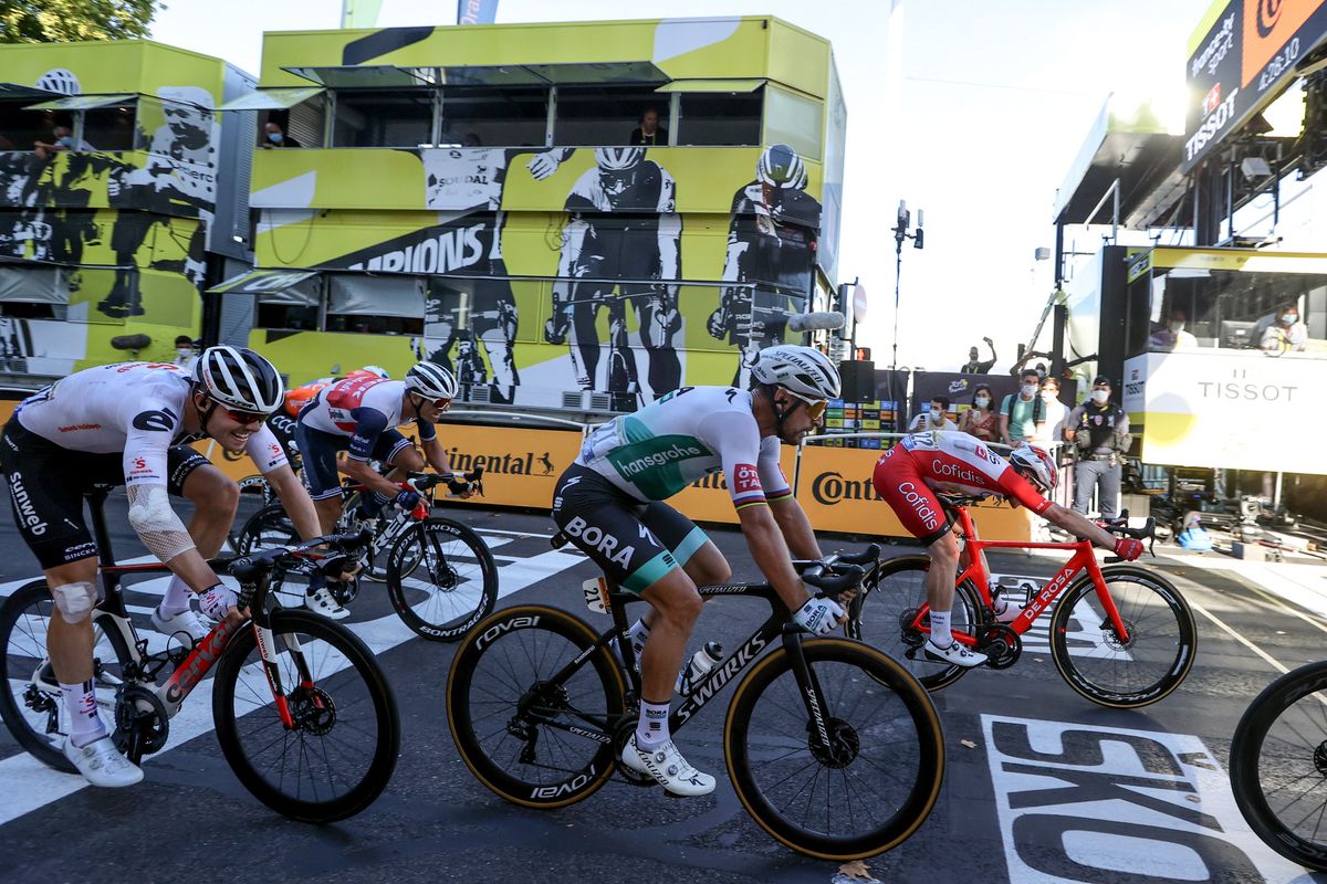 Bora-Hansgrohe’s Peter Sagan crosses the line for fourth place on stage 14 of the 2020 Tour de France, taking more points in his chase for the green jersey