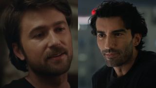 Atlas Corrigan (Brandon Sklenar) and Ryle Kincaid (Justin Baldoni) speak to Lily Bloom in It Ends with Us