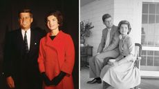 a split screen with jackie kennedy and jfk in color on the left and the couple in black and white on their porch on the right