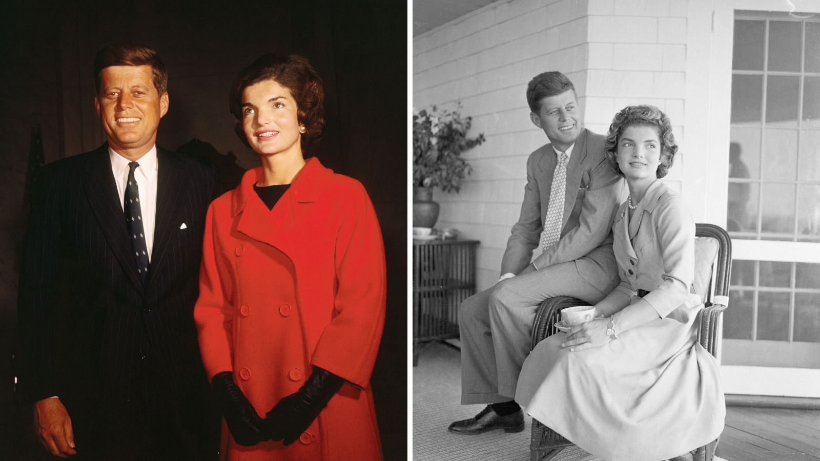 a split screen with jackie kennedy and jfk in color on the left and the couple in black and white on their porch on the right
