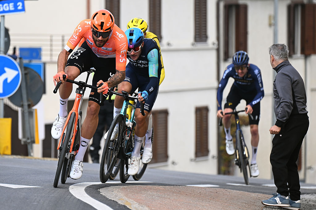 MOMBAROCCIO, ITALY - MARCH 13: Filippo Ganna of Italy and Team INEOS Grenadiers competes during the 61st Tirreno-Adriatico 2026, Stage 5 a 184km stage from Marotta-Mondolfo to Mombaroccio 309m / #UCIWT / on March 13, 2026 in Mombaroccio, Italy. (Photo by Tim de Waele/Getty Images)