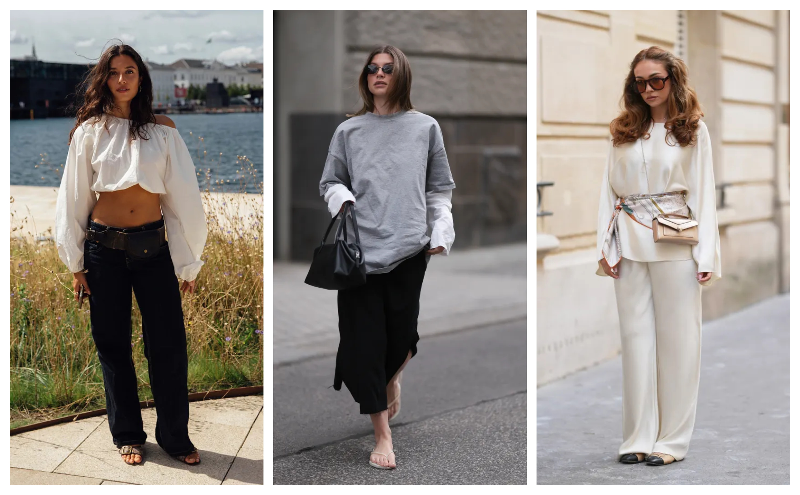 women wearing off the shoulder tops, flip-flops, and silk sets