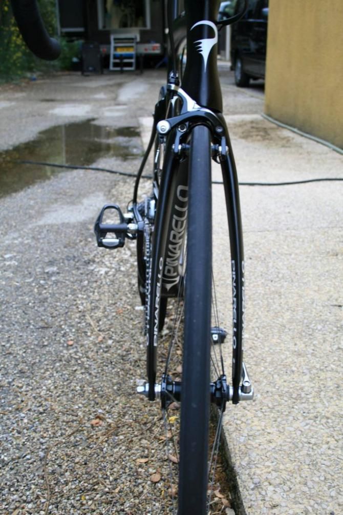 The fork is flared to minimise drag. The bike has a minimal frontal area