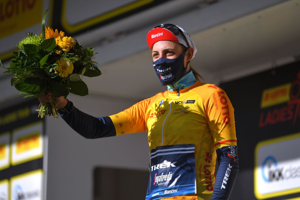 WEIMAR GERMANY MAY 29 Lucinda Brand of Netherlands and Trek Segafredo yellow leader jersey celebrates at podium during the 34th Internationale LOTTO Thringen Ladies Tour 2021 Stage 5 a 1433km stage from Weimar to Weimar ltlt2021 lottothueringenladiestour womencycling on May 29 2021 in Weimar Germany Photo by Luc ClaessenGetty Images