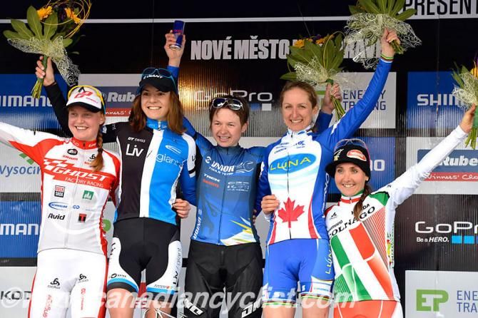 Elite women's Nove Mesto World Cup cross country podium: Maja Wloszczowska, Tanja Zakelj, Catharine Pendrel