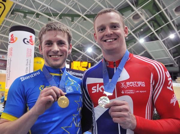 Great Britain's Jason Kenny, left, and Matthew Crampton show off their gold and silver medals.