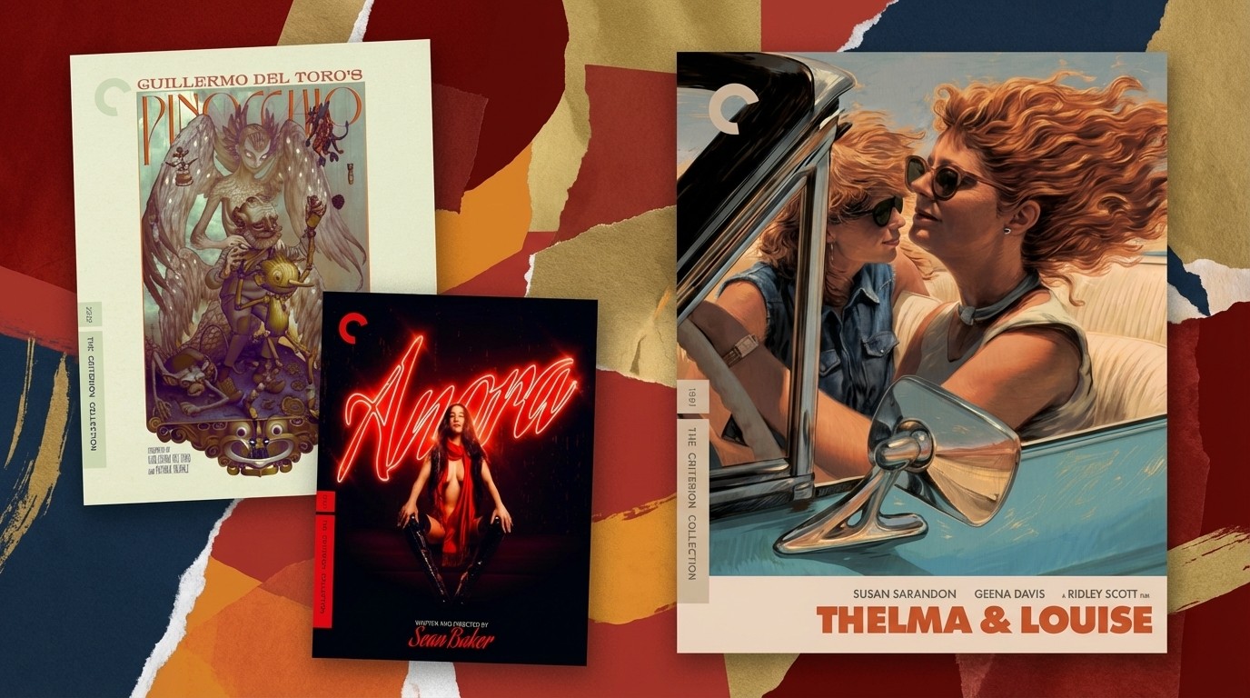 Three 4K Blu-ray disc covers on an abstract background. They are: Anora, Thelma and Louise, and Pinnochio.