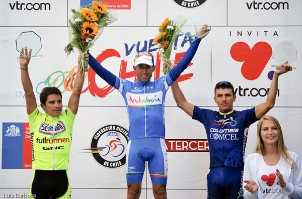 Stage 5b podium (l-r): Cesar Oliva (Scanavini &ndash; Fullrunners), Adri&aacute;n Palomares (Andalucia) and Stiver Ortiz (Comcel &ndash; Coldeportes)