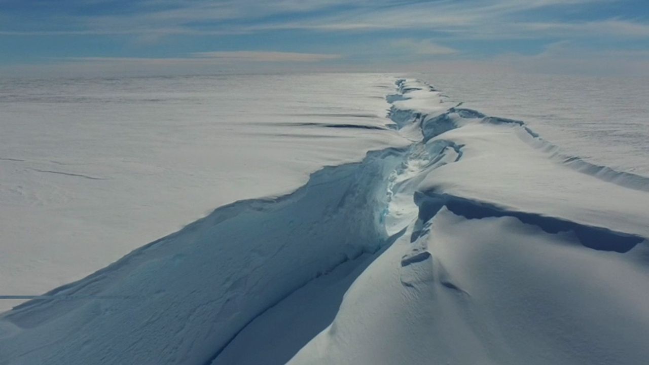 Aerial photo of the floating Brunt Ice Shelf. The growing rift in the floating ice shelf, known as Chasm-1, was first spotted by satellite in 2012.