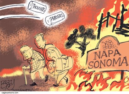 Political cartoon U.S. Trump paper towel toss thoughts prayers California fire