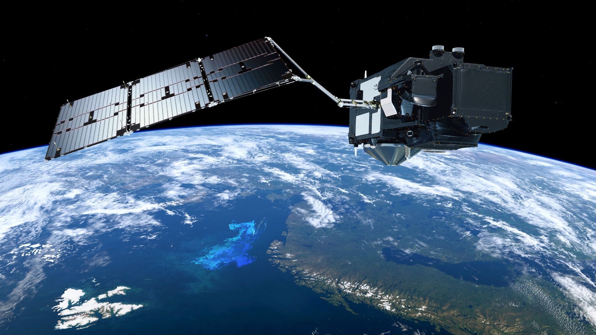 illustration of a boxy silver satellite flying over earth