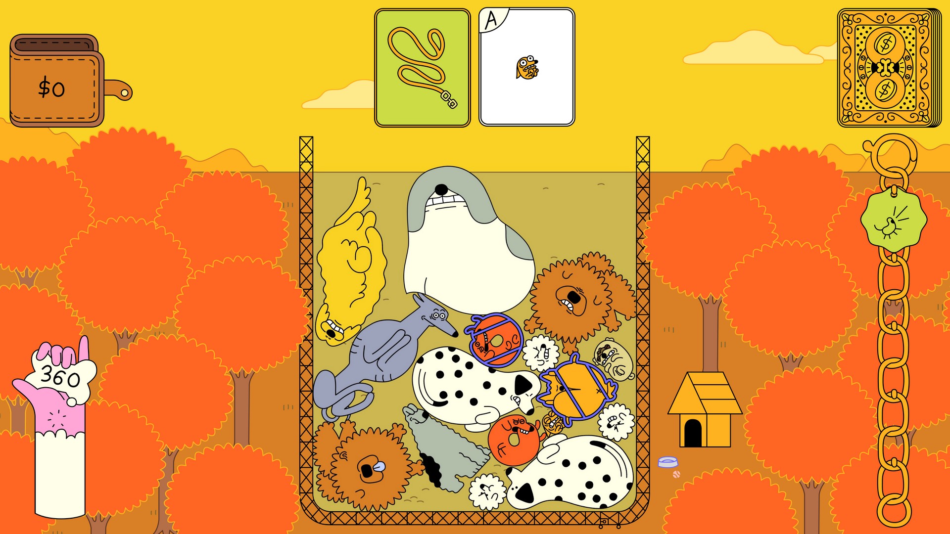 Dogs piled up in a yard in Dogpile with an autumnal background