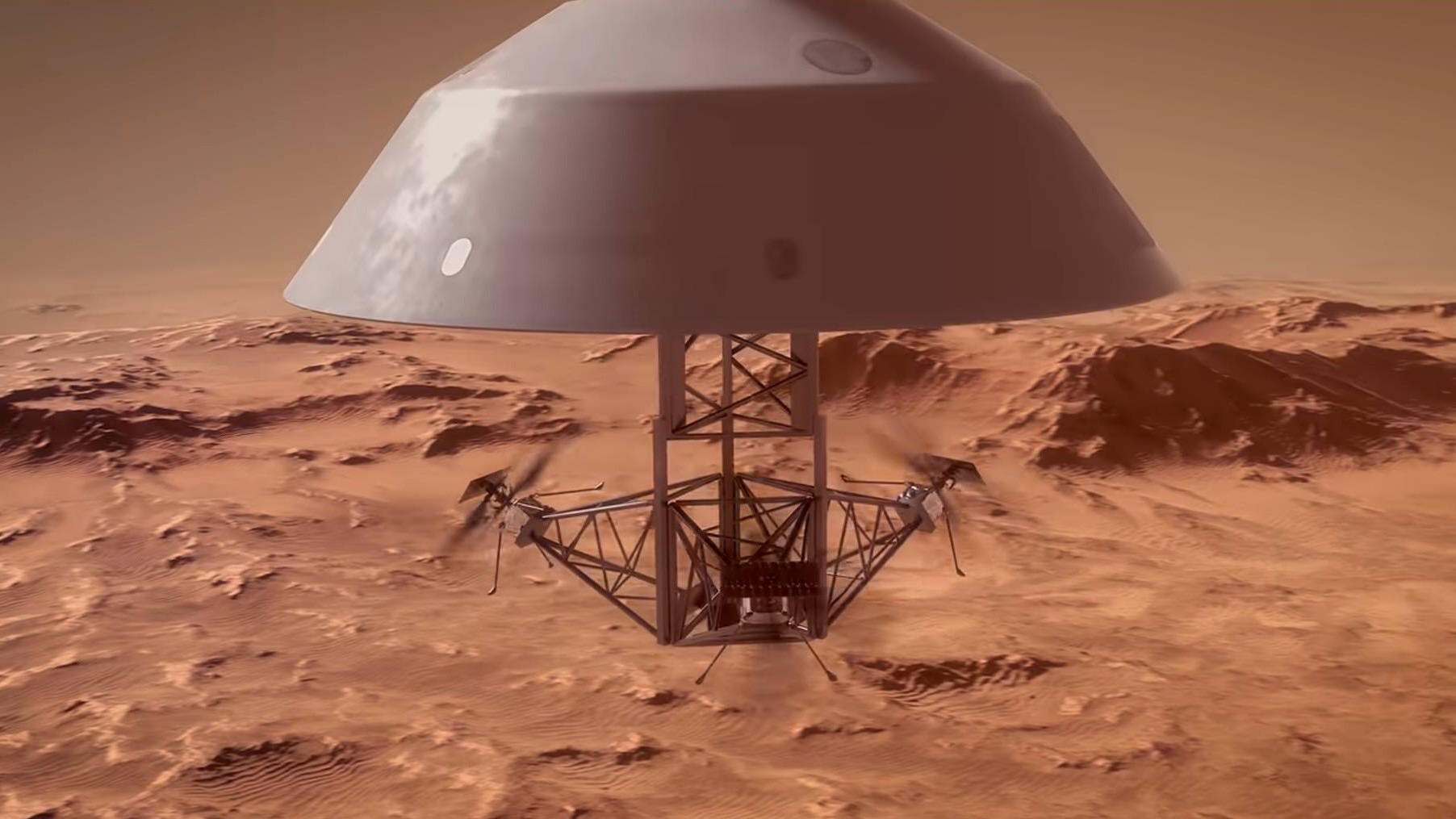 illustration of a conical metallic probe about to release three small helicopter-like drones into the skies of Mars
