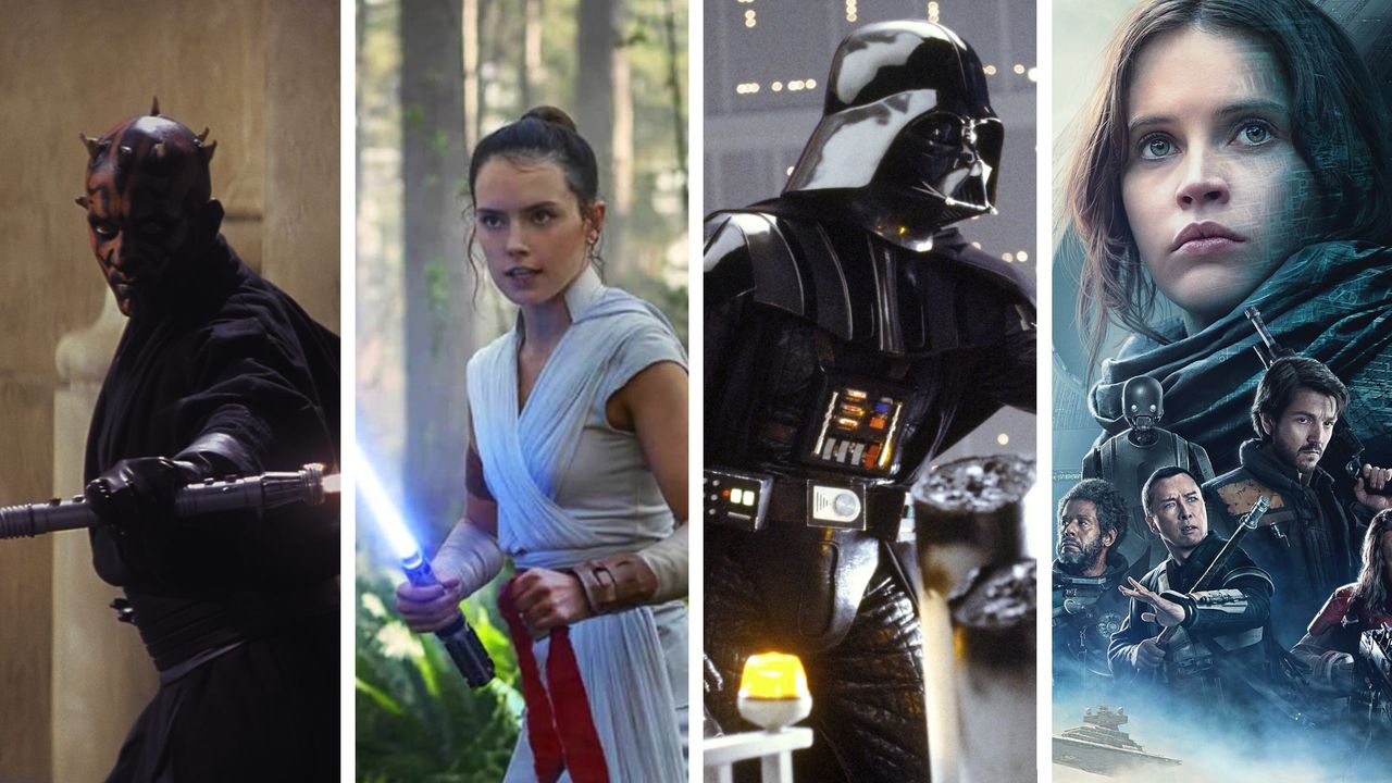 Star Wars movies ranked image showing screenshots from four Star Wars movies: The Phantom Menace, The Rise of Skywalker, The Empire Strikes Back, and Rogue One.