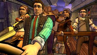 Tales from the Borderlands screenshot showing four characters in a vehicle. A man at the front is holding a steering wheel, though half of the vehicle cabin has been torn off behind the characters.