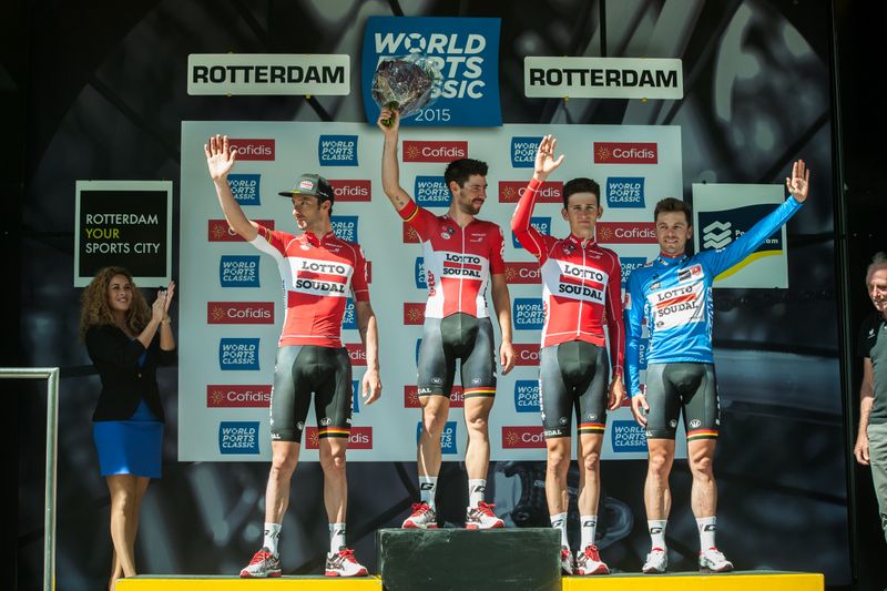 The Lotto Soudal team on the podium after claiming the overall win