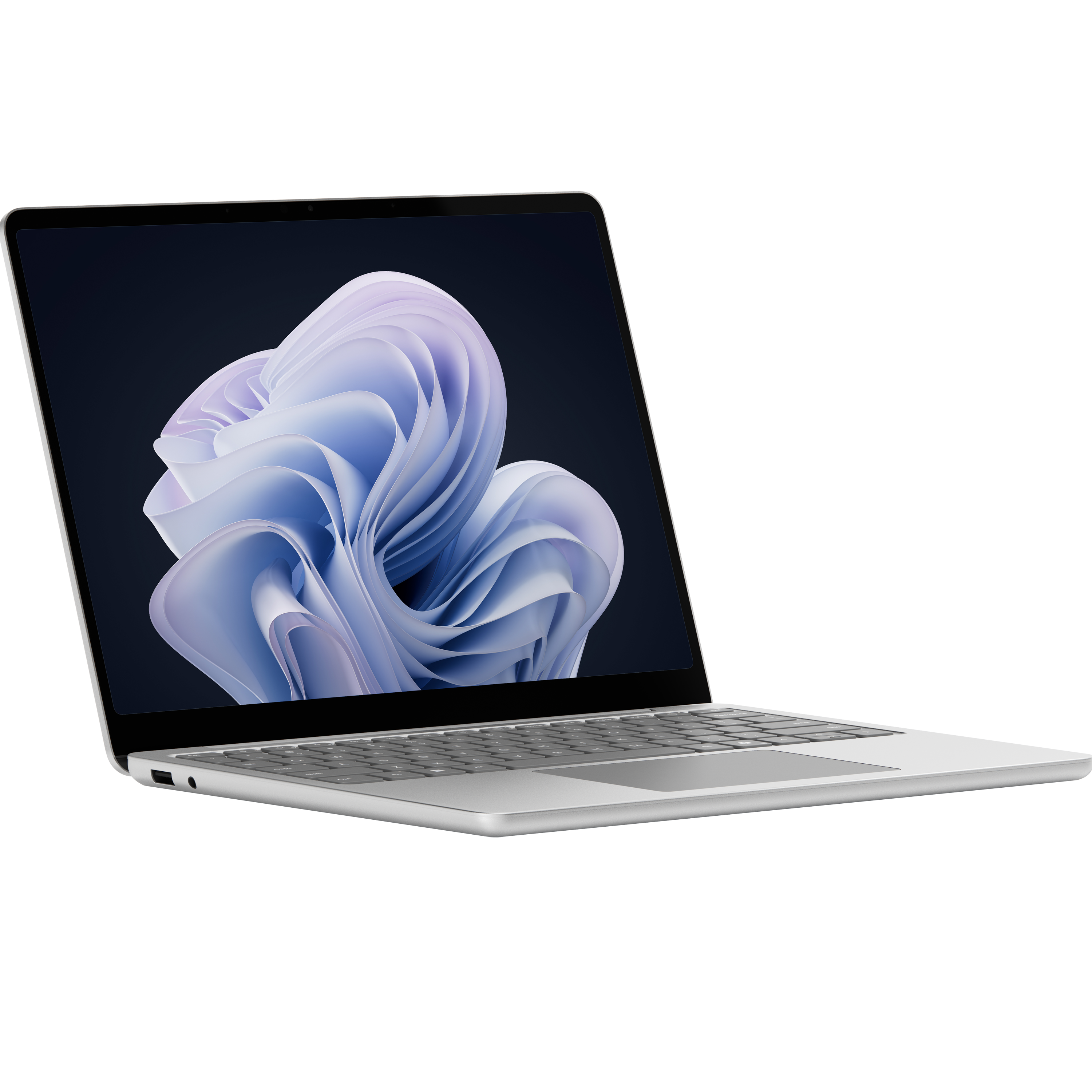 Surface Laptop 8 with a sleek design displays a pastel abstract swirl wallpaper on a dark background. The screen is open and angled slightly left.