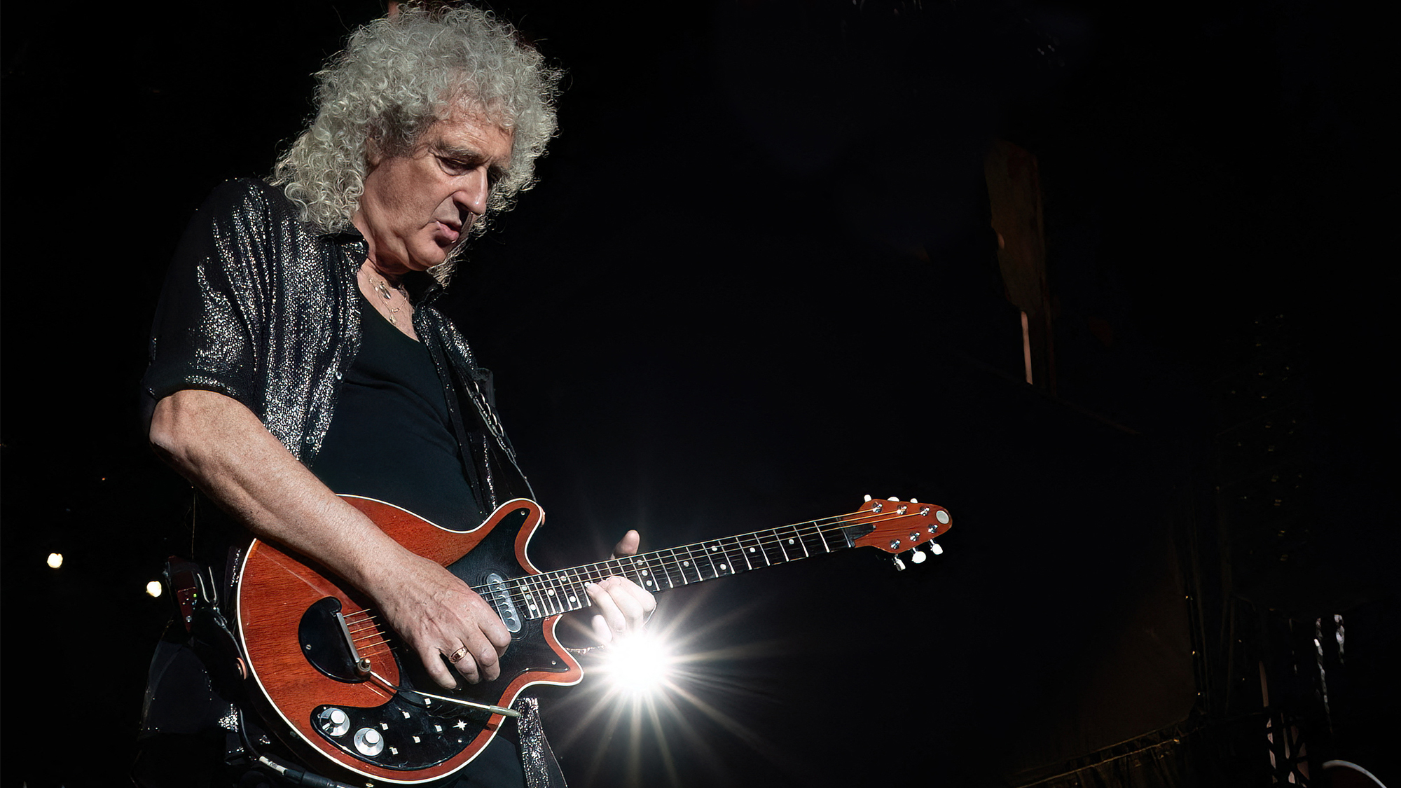 Brian May of band Queen + Adam Lambert, performs at the Circuit of the Americas in Austin, Texas, on October 21, 2023, on the eve of the United States Formula One Grand Prix.