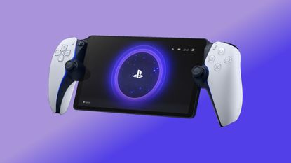 The PlayStation Portal handheld gaming console against a purple background