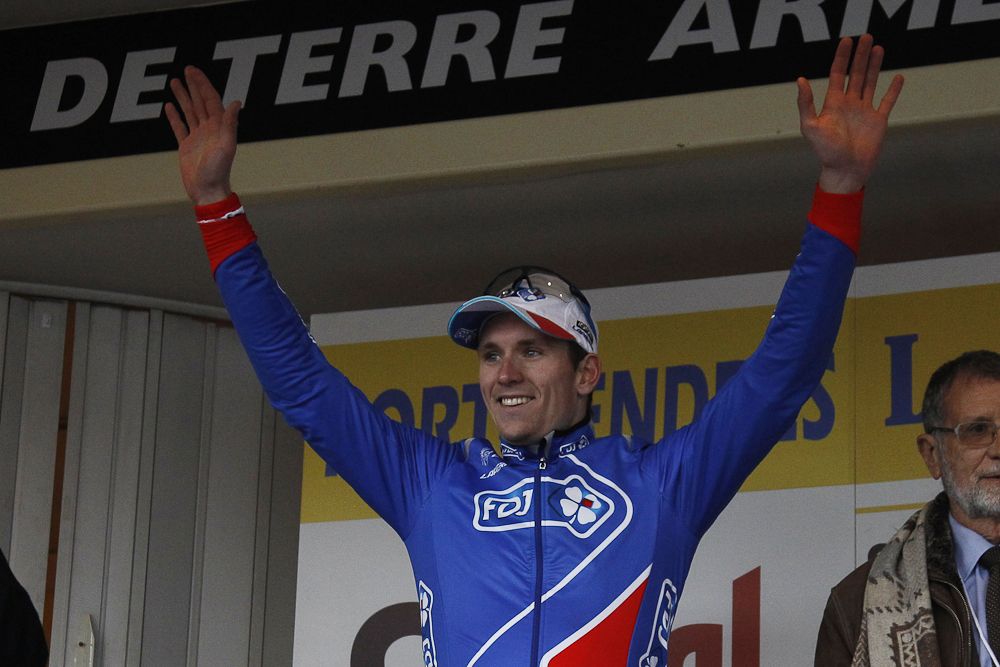 Arnaud Demare on the stage 2 podium at La M&eacute;diterran&eacute;enne