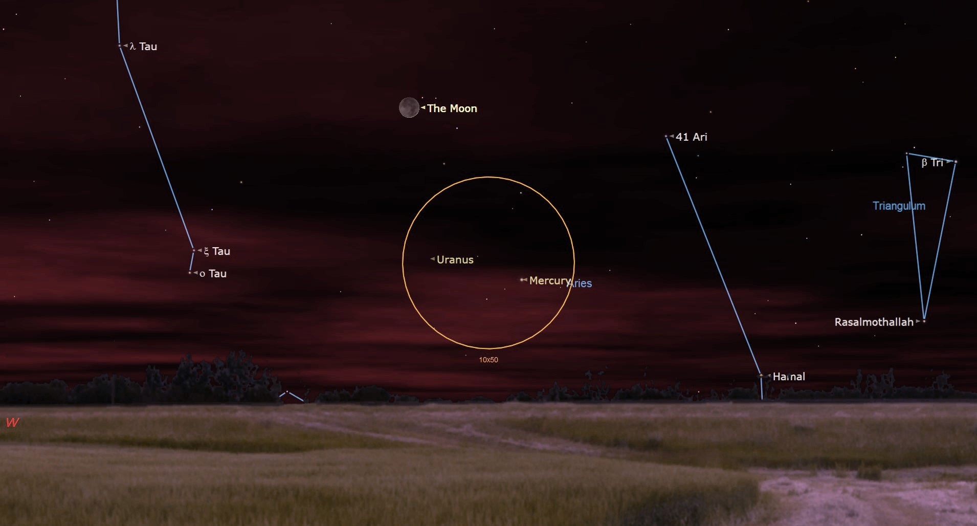 Ilustración del cielo nocturno del 21 de abril que muestra la luna cerca de Urano y Mercurio