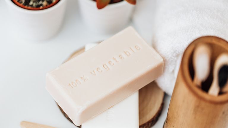 A bar of the best soap for men on a bathroom counter, surrounded by plants and toothbrushes