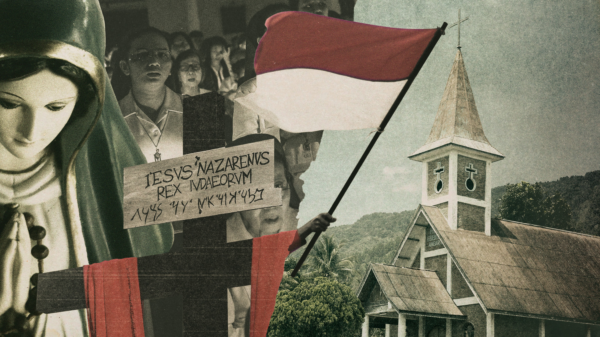 Photo collage of Indonesian Christians in a Church, a Virgin Mary Statue, a church near Jakarta, and Indonesian flag