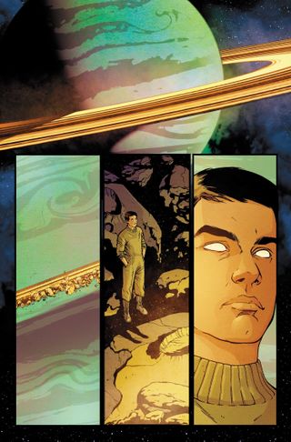 A page from the comic book "Star Trek #1" showing several panels: a green, ringed planet; a close-up of that planet's rings; and a single character with completely white eyes gazing up at the planet.
