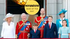Queen Camilla, King Charles, Prince Louis, Prince William, Prince George, Catherine, Princess of Wales and Princess Charlotte on the balcony of Buckingham Palace at Trooping the Colour 2025 