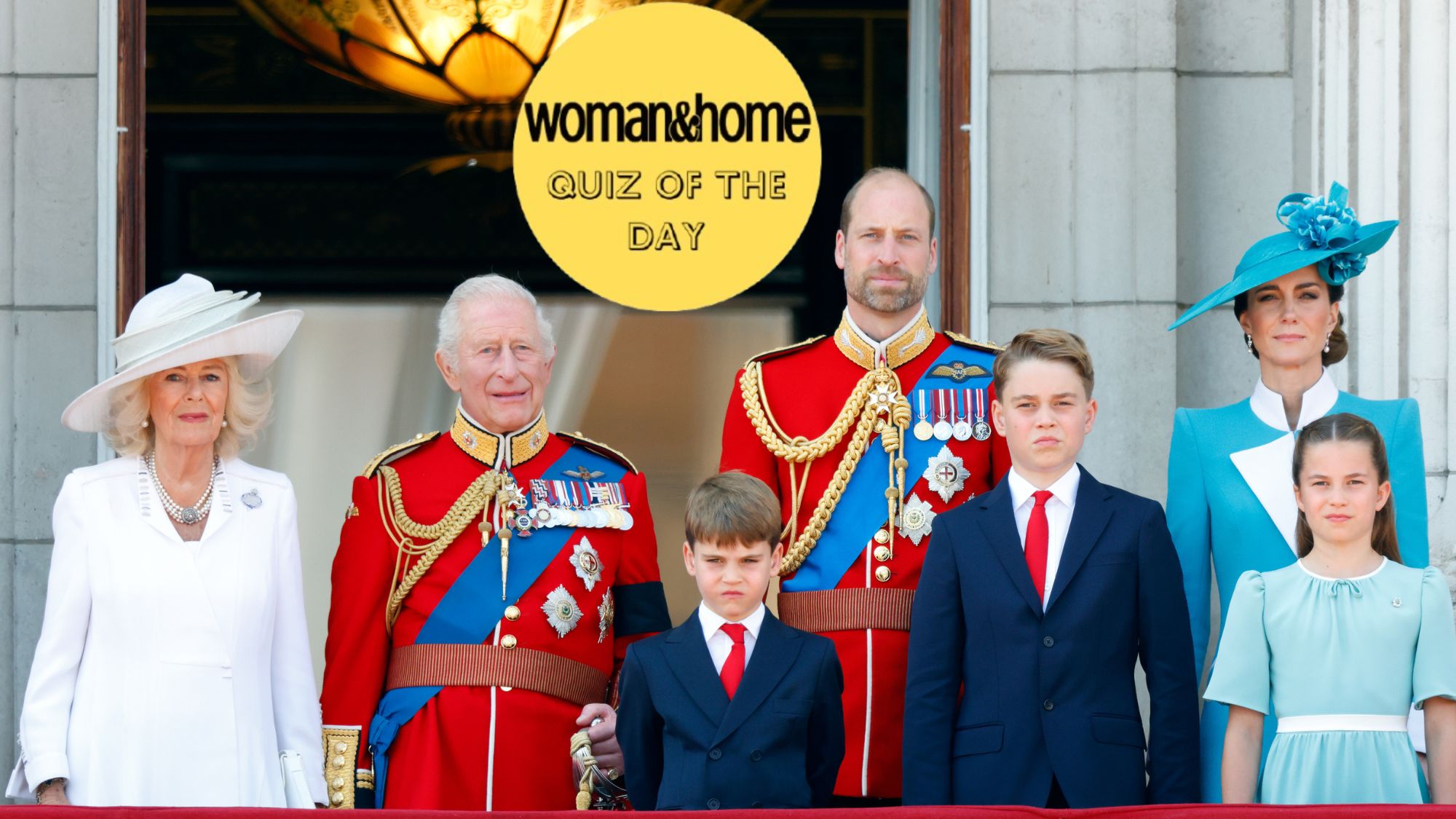 Queen Camilla, King Charles, Prince Louis, Prince William, Prince George, Catherine, Princess of Wales and Princess Charlotte on the balcony of Buckingham Palace at Trooping the Colour 2025 