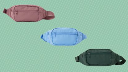 Girlfriend Collective fanny packs in pink blue and green